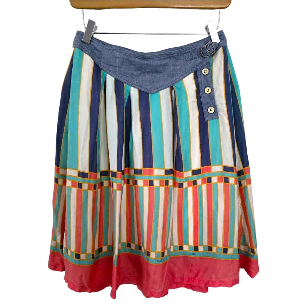 Y2K Diesel Size 26 Colourful Striped Silk Buckle Skirt